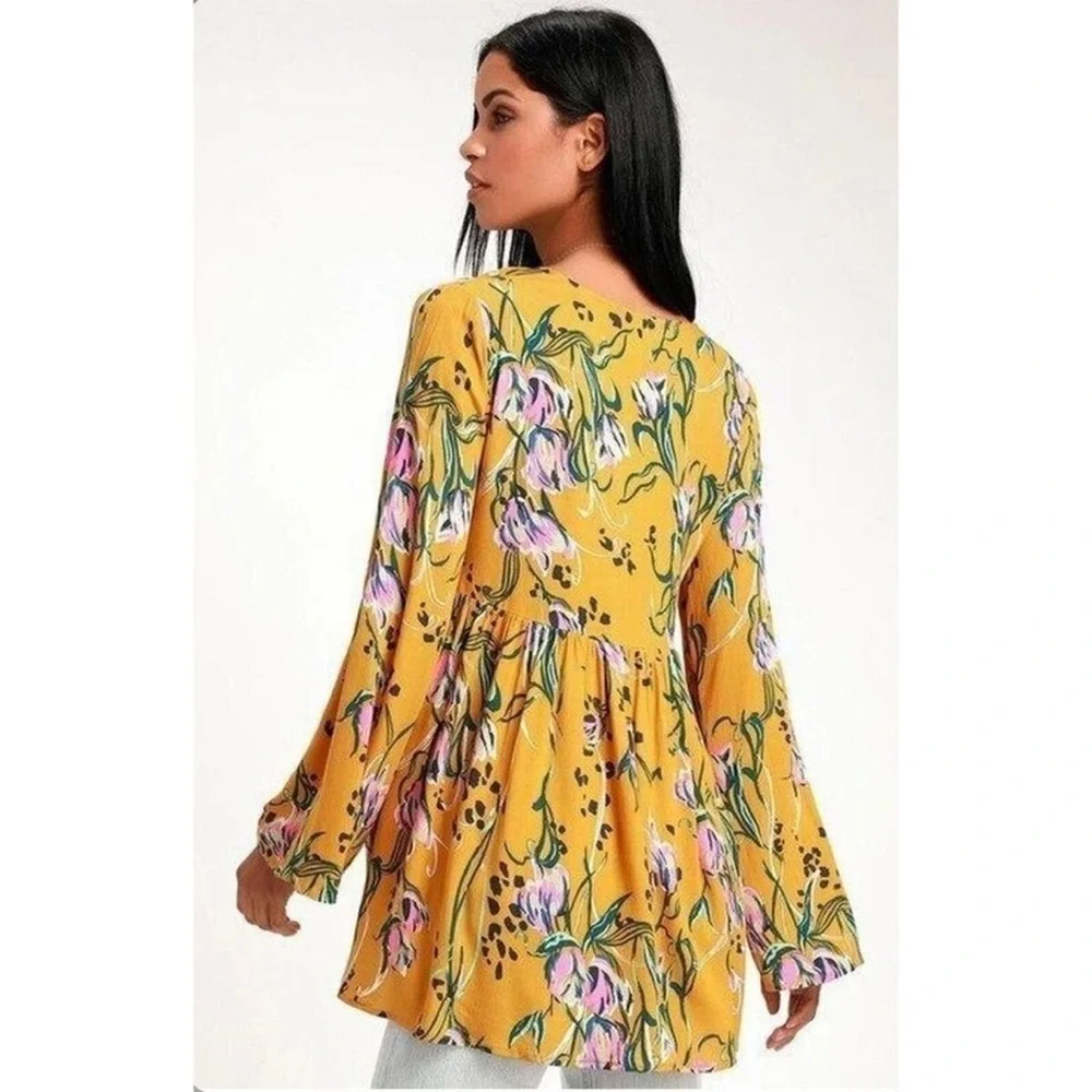 FREE PEOPLE Bella Floral Print Tunic XS Yellow Boho Babydoll Long Sleeve Top